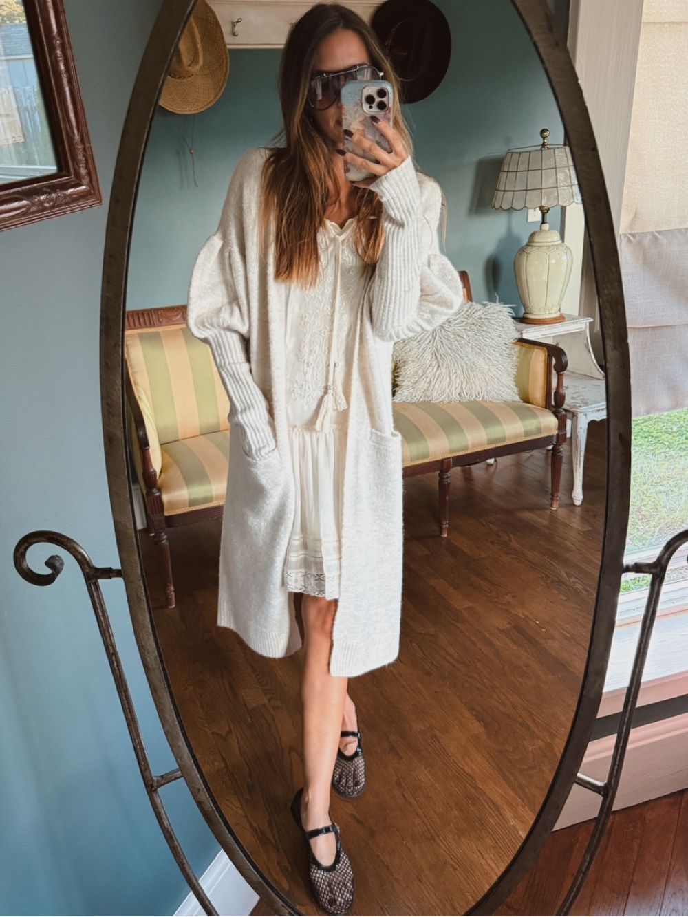 Trouve Ivory Open-Front romantic Long Cardigan with Balloon Sleeves sz XS